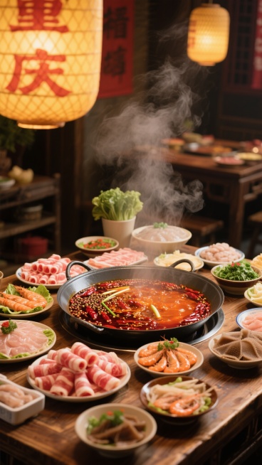 热气腾腾的重庆火锅，沸腾的红油锅底点缀着辣椒和花椒，周围摆放着新鲜的肥牛卷、虾滑、毛肚、鸭肠、蔬菜拼盘等食材，暖色调灯光营造出温馨热闹的氛围，木质餐桌上摆满了各式菜品，蒸汽袅袅升起，充满食欲感和烟火气预览效果
