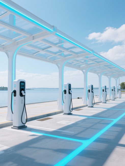 现代化电动汽车充电站，未来感设计，白色金属结构搭配蓝色发光线条，透明顶棚，多个充电桩整齐排列，地面有蓝色光效引导线，远处是平静的水面和蓝天白云，整体呈现科技感与宁静氛围，光线柔和，阴影清晰，色彩以白色、蓝色和浅灰色为主，构图开阔大气，具有强烈的视觉冲击力和未来科技美学。预览效果
