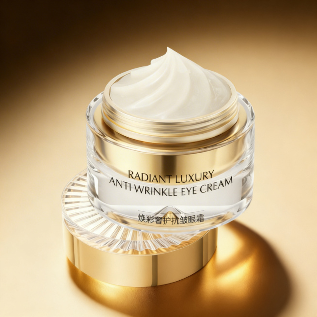 为图1中的面霜产品添加自然柔和的投影，参考图2的投影效果，让产品和画面融合得更加自然，保持产品本身的细节和金棕色调不变，生成多张不同自然投影效果的版本预览效果