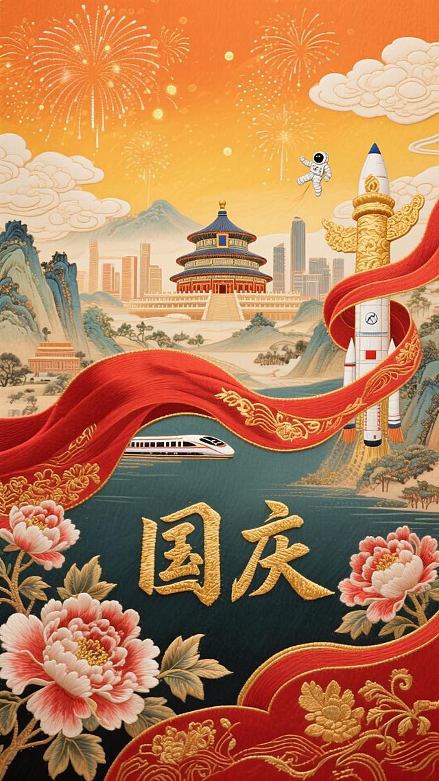国潮风插画，融合刺绣与鎏金元素，展现中式建筑、火箭与高铁，喜庆烟花映衬未来科技，传递国庆的民族自豪与时代感。