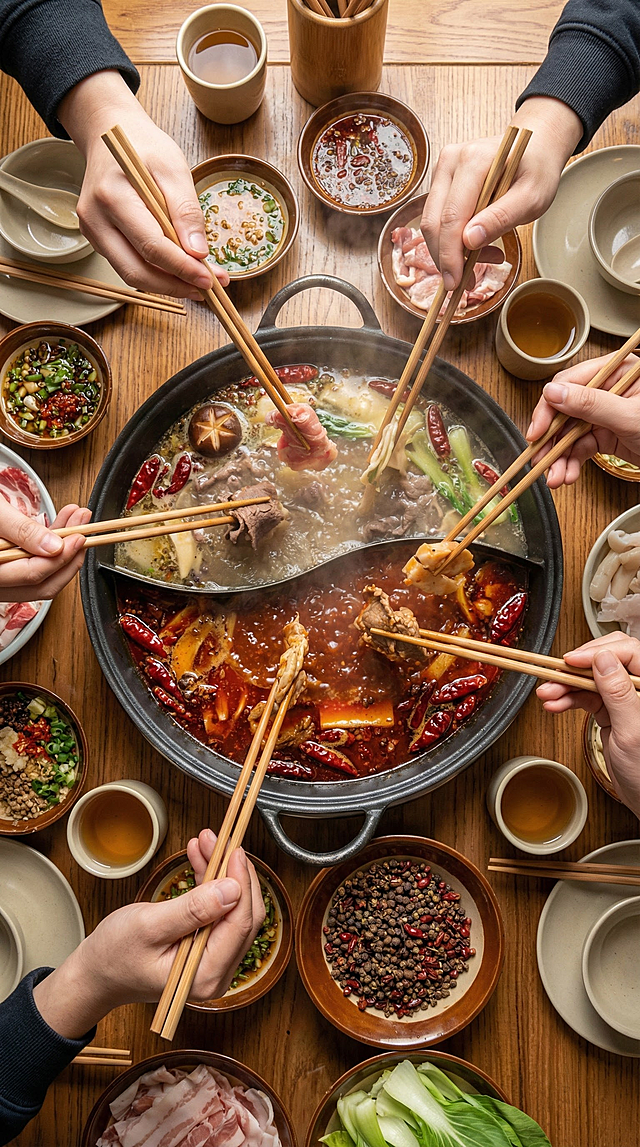 大师级摄影，高分辨率，四川火锅桌面俯拍，五双筷子同时夹菜