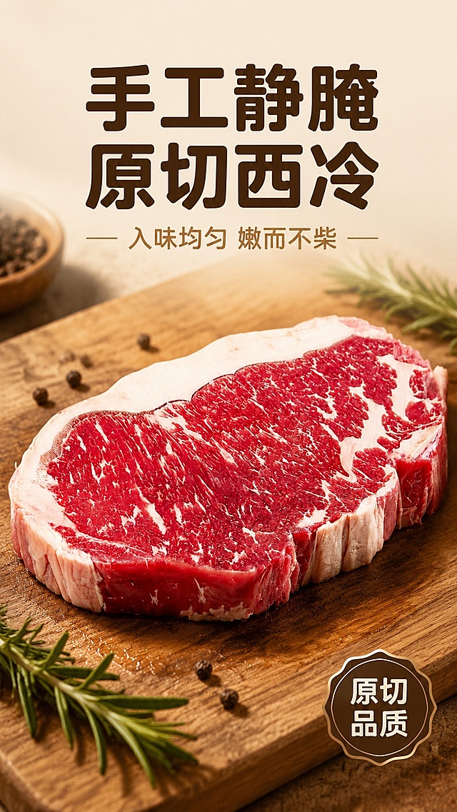 [第1屏] 详情页头图-静腌撒粉西冷牛排食欲氛围海报。本屏使用【图1】作为商品主体。
[氛围/风格] 生鲜美食风，突出新鲜牛肉纹理，浓郁食欲感，商业美食摄影质感，暖调自然光。
[元素布局] 西冷牛排放置在画面中心偏下，占比约65%-70%，上方预留主标题区域；背景使用浅棕色木质砧板，前景点缀黑胡椒粒、迷迭香香草装饰；保持牛排的物理结构、脂肪纹理分布和颜色与输入产品图一致。
[光影质感] 左前方柔暖主光，右侧补充辅光，底部自然阴影，突出牛肉雪花纹理的明暗层次，表面保留自然油光光泽。
[配色色系] 全局底色 #F5EFE0；主色牛排自然红白色，辅助色浅棕木质砧板、深绿香草装饰。
[视角构图] 正面45°斜视角，产品为绝对视觉中心，阅读动线从上至下：标题 → 产品主体 → 底部装饰。
[文字版式] 版式为顶标题 + 中产品 + 底装饰。主标题「手工静腌 原切西冷」，副标题「入味均匀 嫩而不柴」，圆角黑体，标题居中排布；主标题深棕色，副标题浅棕色；右下角点缀小信息标签「原切品质」，文字不遮挡牛排主体。
[比例分辨率] 9:16 竖版比例，4K分辨率，文字清晰可辨，高清画质。
[负向提示词] 牛排变形，纹理错乱，颜色偏差，文字模糊，背景杂乱，水印，文字遮挡主体