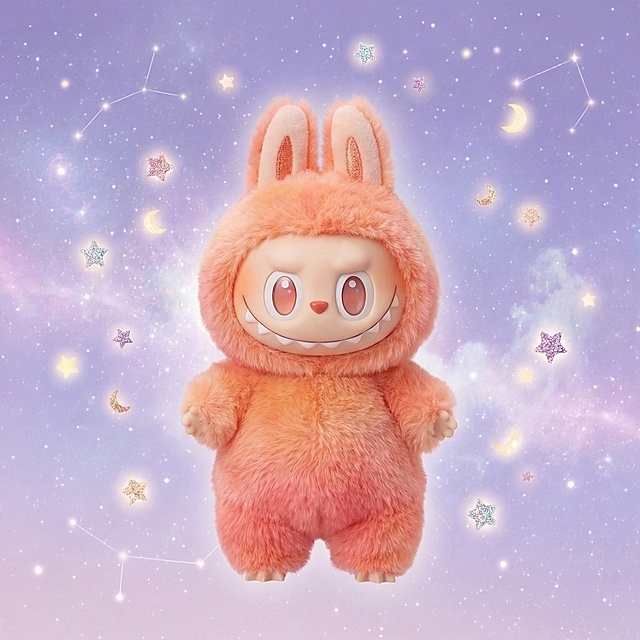 可爱治愈风拼多多电商主图，主体为橙粉色渐变的拉布布三代毛绒挂件，单个玩偶清晰突出占画面60%以上，放置在淡紫色梦幻星空背景上，周围漂浮闪光星星和小月亮，无任何价格文案，风格参考给出的星空款红色拉布布主图