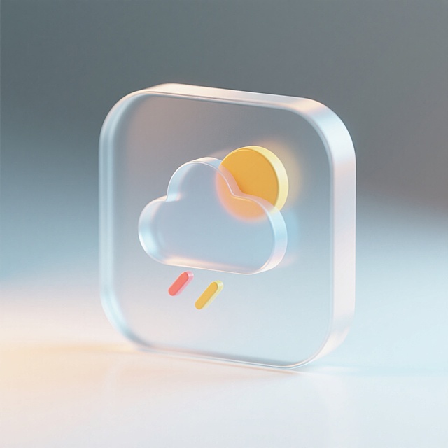 天气图标，轻拟物风格，采用圆形或圆角矩形基底，背景为透明渐变毛玻璃效果，整体呈现轻盈、透气、折射的视觉体验，浅色背景有折射效果