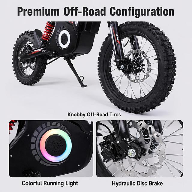 [主图-3] Close-up detail page of the key configurations of FREEBOY electric dirt bike. Main picture shows the front 14 inch and rear 12 inch knobby off-road菠萝 tire in close-up, highlighting the deep off-road tire tread. Keep the tire's rubber texture and tooth shape completely consistent with the product. In the bottom of the picture, there are two small detail frames: the left frame magnifies the colorful running light on the side white circle, the right frame magnifies the hydraulic disc brake system. All details retain the original product features.
[Atmosphere] Professional detail display, highlight process and material, background low saturation light gray.
[Text layout] Top large title "Premium Off-Road Configuration", each detail frame with small title label: "Knobby Off-Road Tires", "Colorful Running Light", "Hydraulic Disc Brake", text clear, placed below the corresponding small frame, do not occlude the image.
[Lighting] Macro soft light, highlight texture, clear tread pattern and metal texture of the brake.
[Color matching] Background light gray, product's black rubber and metal silver highlighted, title uses dark gray text that is clearly visible.
[Perspective composition] Main picture at top, three areas (main tire + two small details) arranged reasonably, primary and secondary clear.
[Output] 1:1 square ratio, ultra HD commercial photography quality.
[Negative prompt] Deformed product, blurred tread texture, text chaos, watermark, Chinese text, exaggerated description, distorted tire shape.