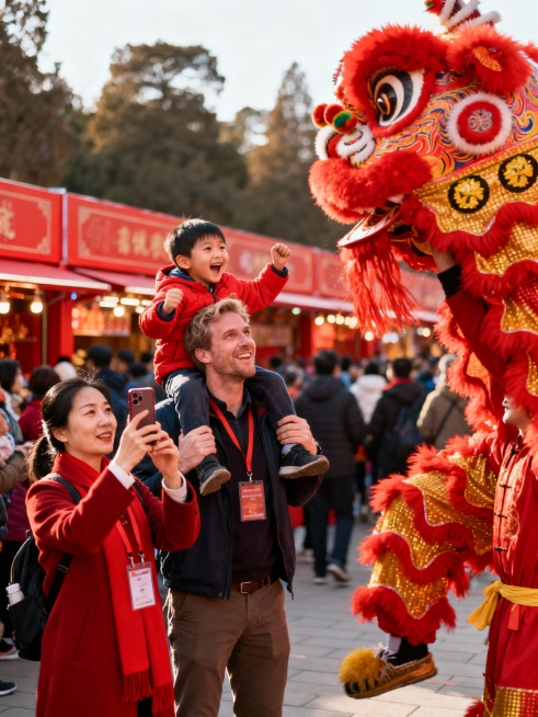一个中国母亲 一个外国父亲和一个小孩春节在北京旅游画面，10张景点游玩，几张有导游的图预览效果