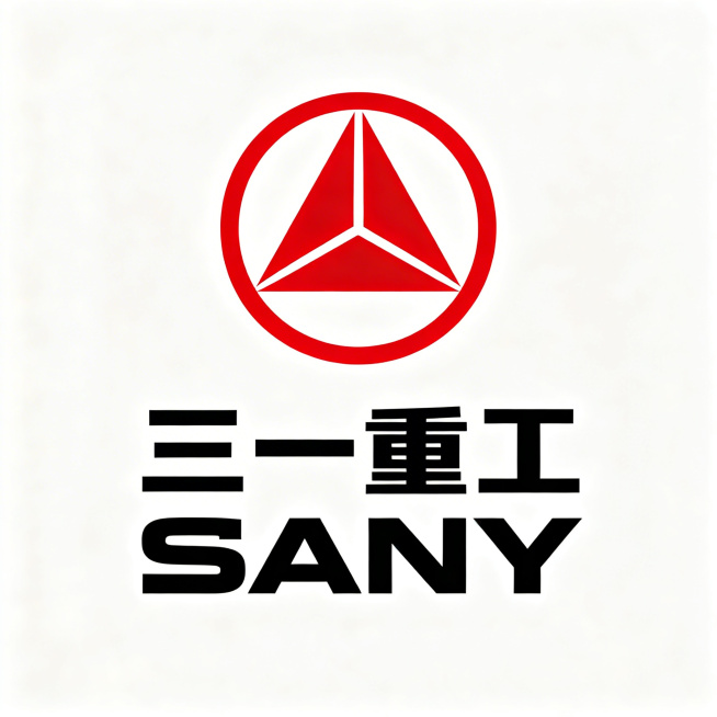 三一重工标志，整体为白底，上方是正红色圆形包围的几何三角图形，线条清晰锐利，下方纵向排列黑色粗体无衬线的“三一重工”汉字和“SANY”英文，字体规整，整体是矢量风格，简洁清晰，高分辨率，无多余元素。预览效果