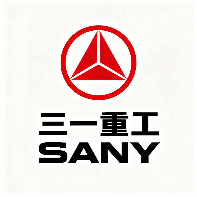 三一重工标志，整体为白底，上方是正红色圆形包围的几何三角图形，线条清晰锐利，下方纵向排列黑色粗体无衬线的“三一重工”汉字和“SANY”英文，字体规整，整体是矢量风格，简洁清晰，高分辨率，无多余元素。
