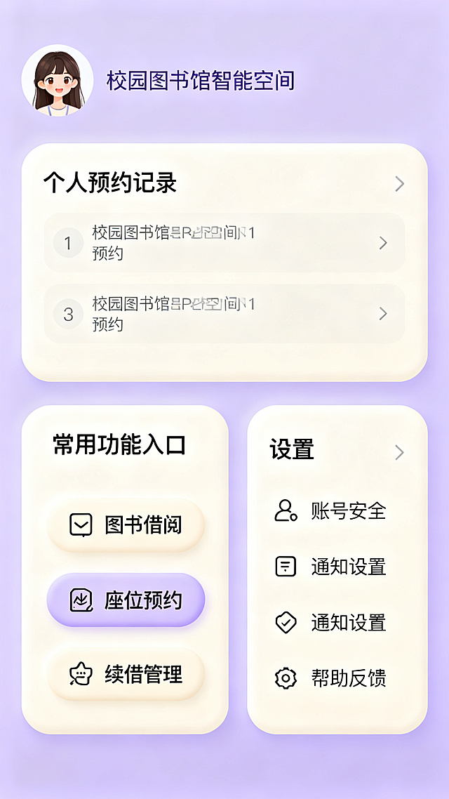 校园图书馆智能空间APP个人中心页设计，可爱风格，浅紫色调，高级感，包含个人预约记录、常用功能入口、设置选项，界面简洁清新