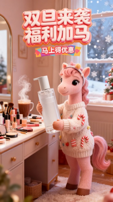 画面主体：一只 淡粉色的拟人小马，身穿带有糖果装饰的柔软毛衣，头戴可爱发箍。它站在一个布满化妆品的梳妆台旁，双手兴奋地捧着一瓶巨大爽肤水。
背景：温馨的节日氛围，背景有冒着热气的热可可、窗外飘着雪。预览效果