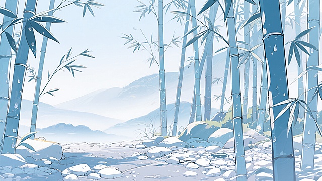 二次元古风，色调是图片中的，细节丰富，，竹子风景，浅蓝色为主，生成2张，不要人，4k，16:9