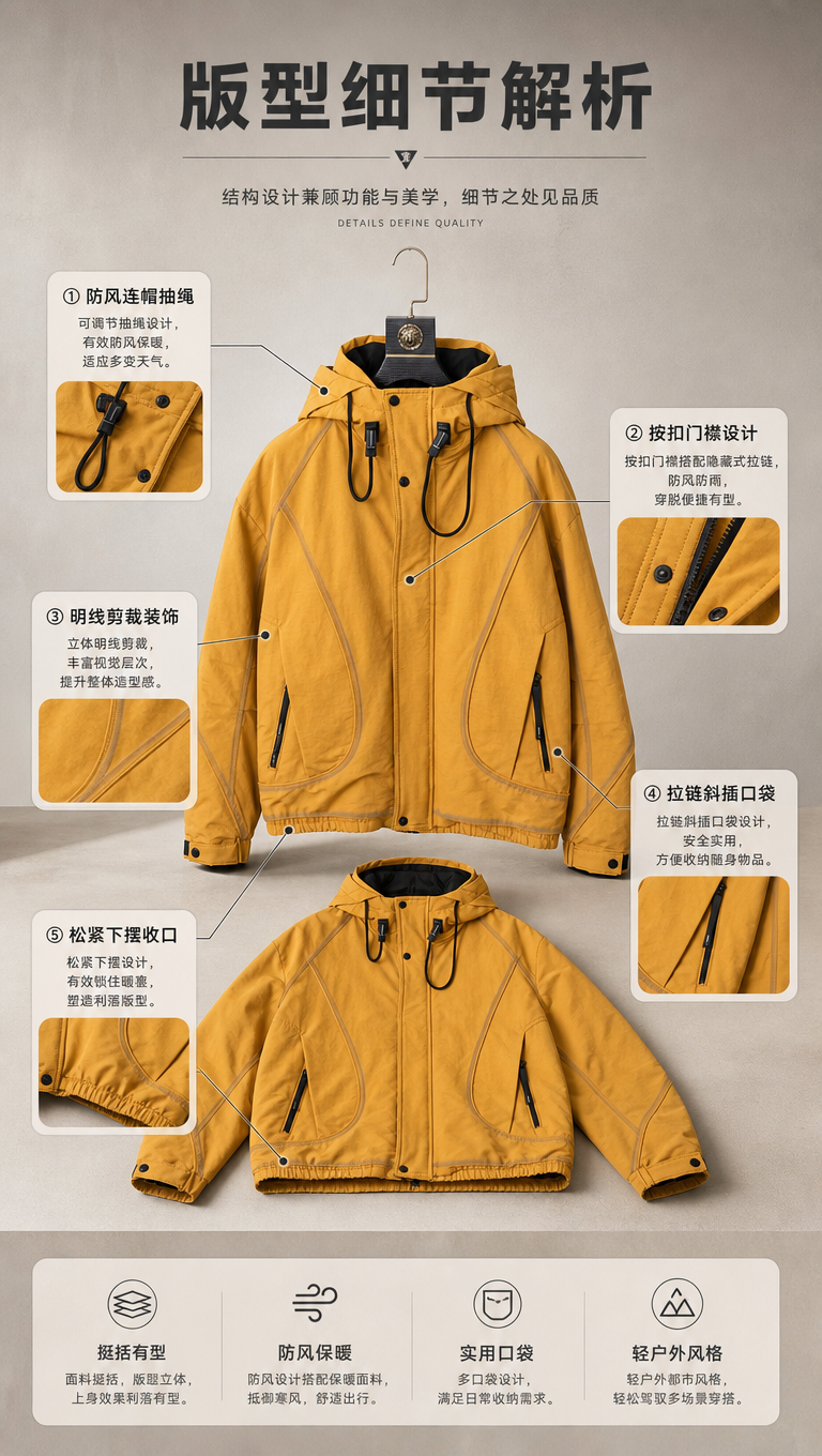 [商品] 使用【图1】姜黄色连帽休闲夹克；商品处理：保留连帽抽… - 图片创意预览