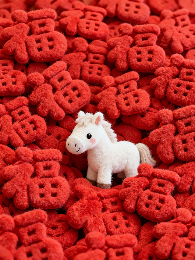 软3D风毛绒小马立于红“福”字堆中，萌趣十足，融合国潮元素，喜庆可爱，传递新年祝福。