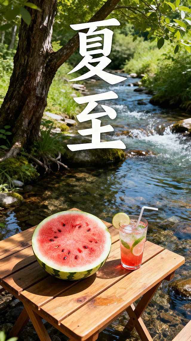 夏至节气海报设计，俯视视角，画面包含西瓜、木桌、树木、溪水、饮料，整体清新自然夏日风，顶部写上艺术字"夏至"，充满夏天凉爽氛围