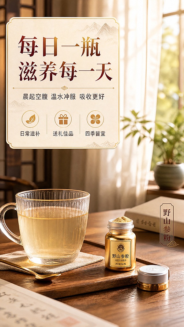 [商品] 使用【图1】中的金色小瓶野山参粉；保留小瓶金色瓶身、银色瓶盖、标签文字及比例，小瓶置于桌面场景中。
[画面] 目标：晨起温水冲服日常滋补场景，场景种草型。画面为新中式雅致卧室/书房一角，木质桌面上放着一杯冲好的参粉温水（浅黄褐色透明液体），旁边立着一瓶金色小瓶野山参粉，瓶盖打开放在一旁。背景是透过纱帘的晨光，窗台上有一盆小型绿植。整体氛围温暖宁静，展现日常滋补的生活方式。产品占画面约40%。≥3层环境元素（前景杯勺+中景桌面产品+背景窗景）。
[视觉] 套系策略：风格=东方新中式高端滋补商业摄影；标题字=宋体衬线粗体（厚重典雅）；正文字=简洁黑体；主色=酒红+暖金+米白；背景延展=基于米白做深浅渐变、山水纹理、宣纸质感；强调色=烫金，仅用于小面积图标、引线、标签和装饰线条；标题色=深酒红+烫金渐变；正文色=深棕灰；组件=圆角金线信息卡、细金线引线、中式印章式标签；光影=晨光侧入，温暖柔和，桌面有自然阴影，玻璃杯通透。
[文字] 左上区域主标题"每日一瓶 滋养每一天"，副标题"晨起空腹 温水冲服 吸收更好"，下方3个场景短句："日常滋补"、"送礼佳品"、"四季皆宜"。文字横排，用浅米色卡片承载，不遮挡杯子和小瓶主体。
[规格] 图片比例9:16竖版，4K，负向提示：避免变形、错字、文字过小、冷蓝背景、产品颜色改变、人物出现。