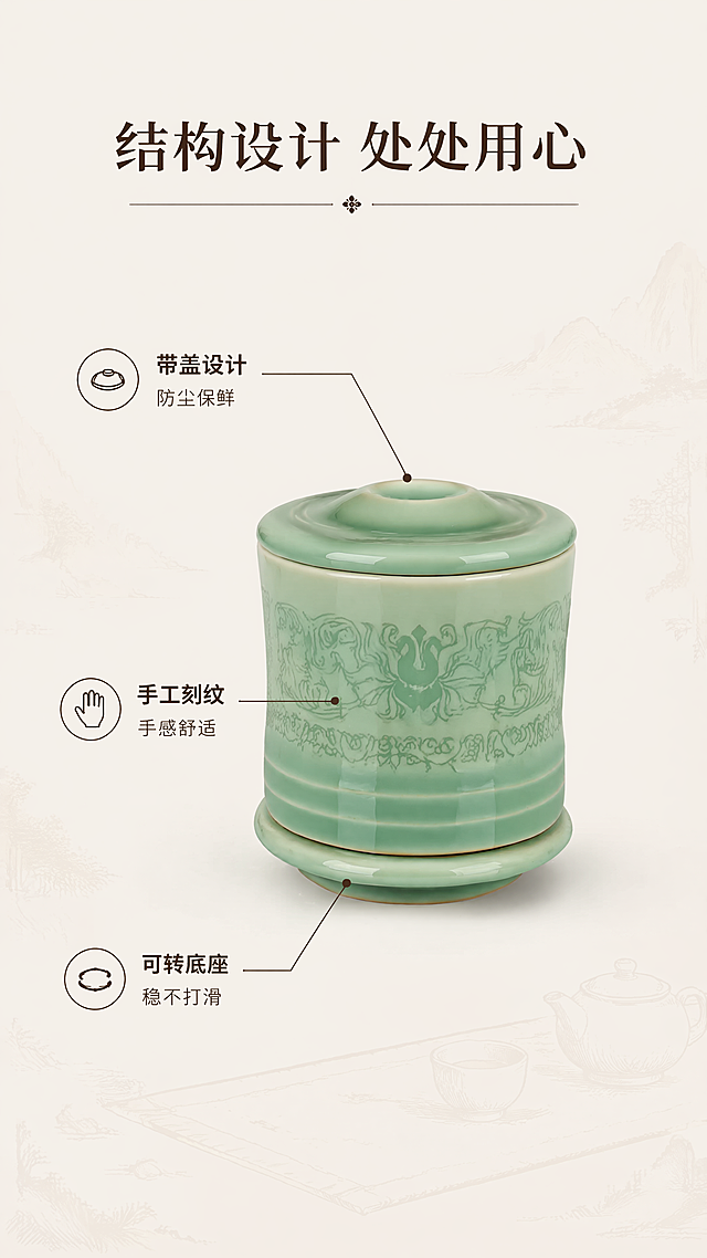 [第4屏] 结构拆解，引线标注各部分功能。本屏使用【图1】整体产品图。
[氛围/风格] 清晰说明风，专业直观，中式简约。
[元素布局] 产品居中放置，使用细引线从杯盖、杯身、底座三个关键部位引出标注，说明每个部位的功能；背景保留浅雅茶席纹理，不抢主体。保持产品结构与原图一致。
[光影质感] 正面均匀打光，每个部件清晰可辨，光影柔和。
[配色色系] 全局底色 #F8F5F0，产品青绿色，深棕色引线和文字，浅米色背景。
[视角构图] 产品居中，引线标注环绕，焦点集中在产品结构上。
[文字版式] 顶部主标题「结构设计 处处用心」，引线分别标注：「带盖设计 防尘保鲜」「手工刻纹 手感舒适」「可转底座 稳不打滑」，每个标注文字简短清晰。
[比例分辨率] 9:16，4K，文字清晰可辨。
[负向提示词] 引线错乱，产品变形，标注文字遮挡主体，文字模糊