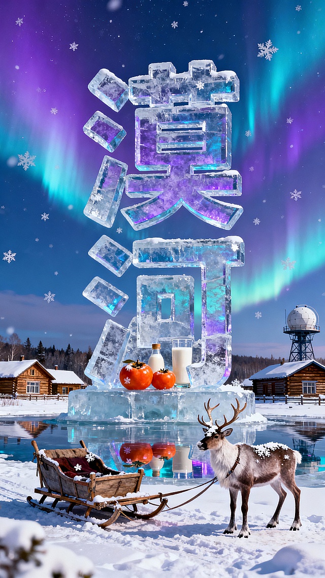 主视觉是极光色渐变冰雕 “漠河” 大字（内部冰封冻柿子、马奶酒，竖版），冰面映极光倒影。背景是北极村木刻楞房屋、极光观测站，前景地面有积雪驯鹿车，天空泛紫蓝极光，飘雪缀冰雕鹿，紫蓝 + 银白配色，奇幻浪漫。