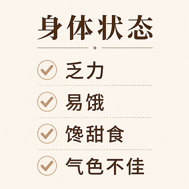 浅米色纯色背景，简约文字排版，清晰罗列身体状态：乏力、易饿、馋甜食、气色不佳，整体风格简洁干净，文字清晰易读