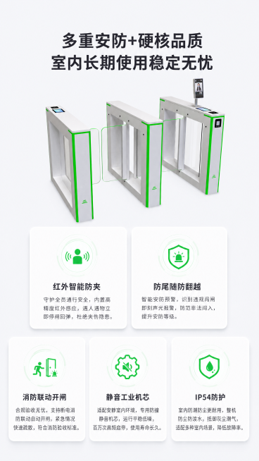 [第5屏] 安全品质与耐用性介绍，人脸识别摆闸多重安防硬核品质，室内长期使用稳定无忧。
[氛围/风格] 专业品质科技风，沉稳可信，信息清晰。
[元素布局] 顶部主标题，下方分五个功能点展示，采用2+3预览效果