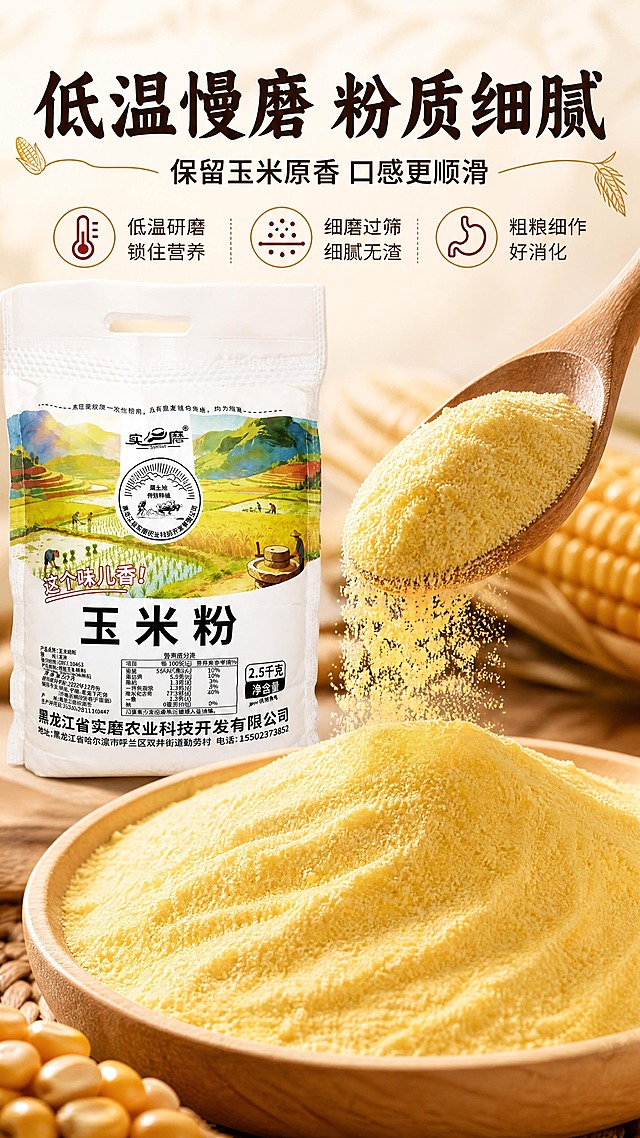 [商品] 使用【图1】实磨玉米粉袋装产品，置于画面左侧或上方作产品露出，约占画面30%；保留包装袋所有文字、Logo和图案，清晰自然。
[画面] 目标：工艺与质地特写，展示低温慢磨工艺和粉质细腻。构图：左产品右质地特写，或上工艺示意下粉质微距。主体位置：右侧/下方大面积展示细腻玉米粉堆和木勺舀粉动作。产品占画面约30%，粉质特写占约50%。景别：粉质微距特写 + 产品中景。阅读动线：从产品到粉质，从工艺到质感。前中后景：前景木勺舀起细腻玉米粉缓缓落下形成粉流，中景粉堆细腻均匀带自然纹理，后景浅景深虚化的木质桌面和产品袋。
[视觉] 套系策略：风格=家常烟火气田园风商业摄影；标题字=粗黑体带手写温度感；正文字=简洁圆体；主色=暖金黄+米白；背景延展=基于暖金黄和米白做深浅层级、同色渐变、稻穗/玉米纹理质感；强调色=深棕红，仅用于小面积图标、引线和标签；标题色=深棕；正文色=暖灰棕；组件=圆角米白底信息卡、细线引线、玉米/稻穗小图标；光影=左前侧暖柔光，侧光突出粉质颗粒感。
[文字] 主标题"低温慢磨 粉质细腻"，副标题"保留玉米原香 口感更顺滑"，配3个工艺点："低温研磨 锁住营养""细磨过筛 细腻无渣""粗粮细作 好消化"。文字区位于画面上方或左侧留白处，横向排版，不遮挡粉质特写主体。
[规格] 图片比例9:16竖版，4K，负向提示：避免变形、错字、文字过小、冷蓝/蓝灰背景、粉质颜色失真、包装文字错乱、极限词。