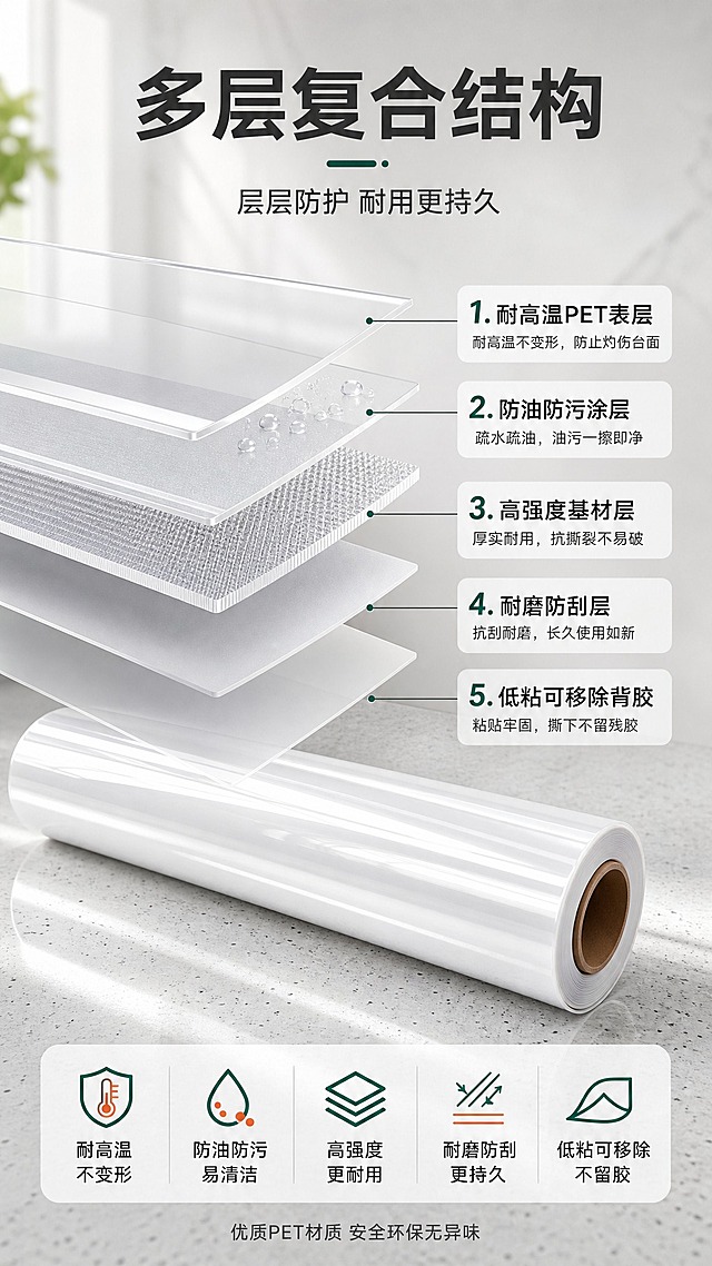 [商品] 使用【图1】透明卷材灶台膜；保留白色透明卷状形态、纸筒内芯、表面光泽质感、膜体透明材质；产品为自粘式厨房灶台保护膜，多层复合结构。
[画面] 页面目标：结构材质解析，展示多层复合结构。构图：竖版9:16，上方标题，中部放大的膜体截面分层图，下方产品卷材。主体位置：画面中央，灶台膜的截面放大图，清晰展示4-5层结构分层，每层用引线标注名称。底部放一卷完整的灶台膜卷材。产品占画面约40%（截面+卷材）。景别：微距截面+产品中景。前中后景：前景截面分层结构，中景引线与标注，后景浅灰渐变背景。阅读动线：从上至下。
[视觉] 套系策略：风格=现代简约家居商业摄影风；标题字=粗黑体无衬线；正文字=常规无衬线体；主色=白色+浅灰色；背景延展=基于白色和浅灰做深浅层级、同色渐变和细腻石材/金属质感；强调色=橙红色（仅用于高温特效、小面积图标和标签）+ 墨绿色（用于卖点图标和强调文字）；标题色=深炭灰；正文色=中灰色；组件=圆角白底信息卡、细线引线、图标化卖点条；光影=左前侧自然光，明亮通透，台面有柔和反光。
[文字] 顶部主标题"多层复合结构"，副标题"层层防护 耐用更持久"。截面分层引线标注：1.耐高温PET表层 2.防油防污涂层 3.高强度基材层 4.耐磨防刮层 5.低粘可移除背胶。每层标注配1行小字说明功能。底部小字"优质PET材质 安全环保无异味"。所有文字横排，引线清晰不交叉。
[规格] 图片比例9:16竖版，4K，避免变形、错字、文字过小、冷蓝/蓝灰背景、产品颜色改变、材质失真、极限词。