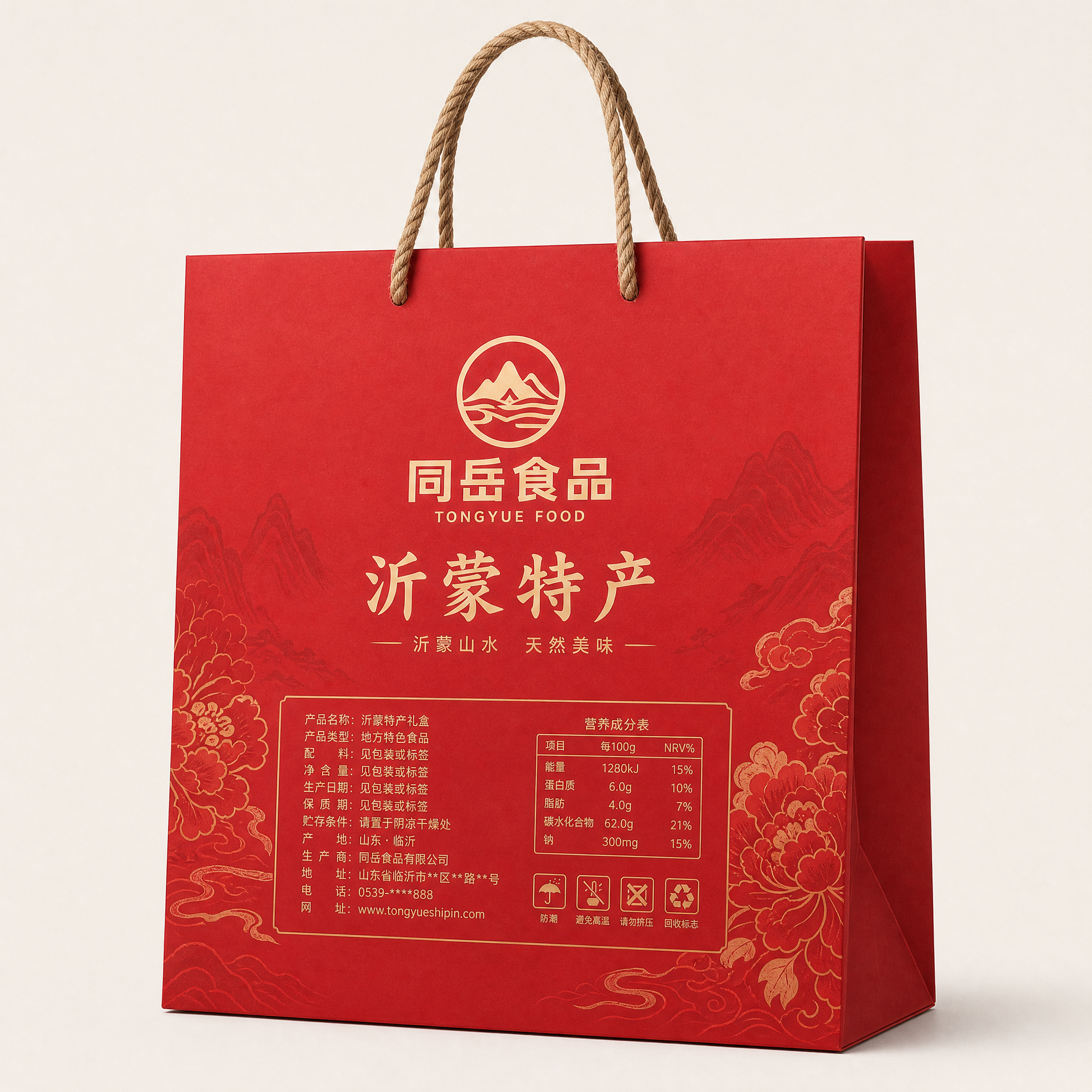 高端食品手提袋反面设计图，只有手提袋没有礼盒，红色主色调，中国… - 图片创意预览