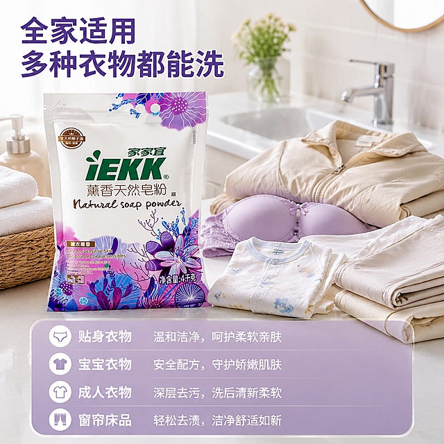 「图片1」生成一套主图（5张），商品名称是公仔牌香氛洗衣凝珠，净含量4kg，卖点是天然椰油温和
薰衣草香持久
易漂无残留
4kg 大容量
敏感肌适用，突出商品卖点，规格是4kg袋装陈列设计，并配有清洗衣物后衣物干净留香，不能出现平台官方违规词，结合电商爆款主图边框设计，吸睛力超强，用户看到要点击的感觉，适配电商平台，主图比例为1:1