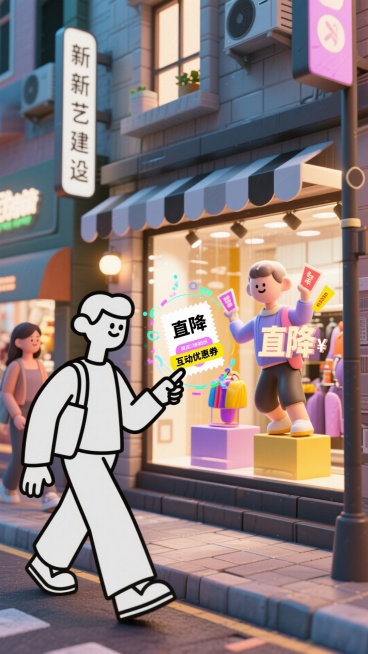 在虚实交织街道，消费者以简约黑白线条现实身影前行，目光所及橱窗被 AR 点亮，立体商品 3D 模型跳动 “直降” 价格，互动优惠券环绕，其指尖触碰橱窗，数据涟漪荡开，呈现线上优惠与线下体验融合的未来感预览效果