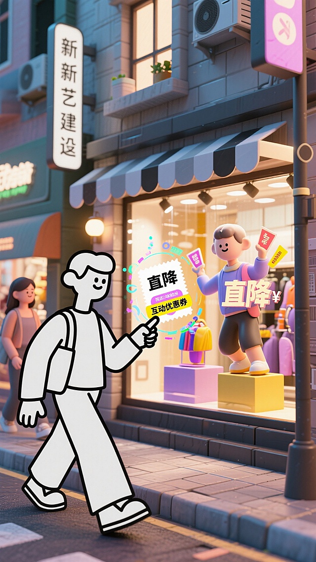 2D&3D混搭风街头场景，卡通感人物互动促销，软3D建筑与霓虹灯元素融合，拟人化角色手持优惠券，营造趣味感十足的节日购物氛围。