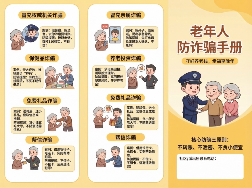 面向老人的防诈骗宣传三折页，A4横向尺寸，折后三页，Q版卡通温暖风格，大字体，简单易懂。封面页：大标题“老年人防诈骗手册”，配卡通警察和老人握手的插图，小字“守好养老钱，幸福享晚年”；第一内页：左侧放预览效果