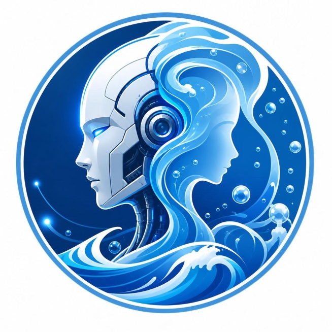 参考提供的两张图片，设计一个全新的圆形LOGO，融合海洋、机械、智能和人类元素，整体元素和谐没有冲突，保持蓝色海洋风格，融合机械人头部和水流人形的设计元素，整体是科技感智能LOGO设计，添加气泡和海洋预览效果
