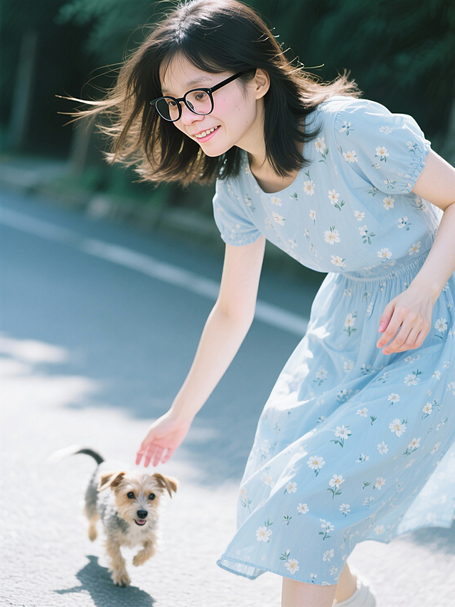 清新感与温馨感交织，女孩身着蓝白碎花裙，轻抚小狗，光影柔和，胶片风质感，展现夏日治愈瞬间。