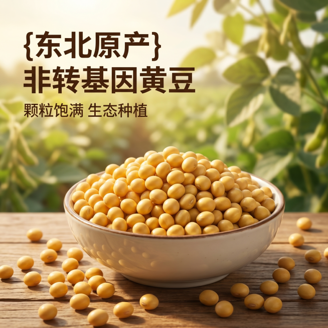 [主图 1] 非转基因黄豆产品点击率首图，展示原生态种植的优质黄豆。[氛围风格] 自然原生态，新鲜健康，食欲感满满。[画质] 商业摄影质感、光线柔和通透、产品清晰真实、画面干净高级。[元素] 一碗饱满预览效果
