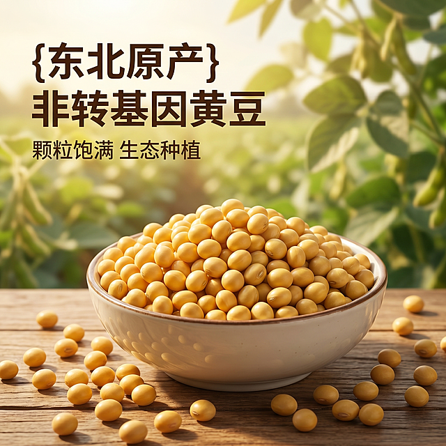 [主图 1] 非转基因黄豆产品点击率首图，展示原生态种植的优质黄豆。[氛围风格] 自然原生态，新鲜健康，食欲感满满。[画质] 商业摄影质感、光线柔和通透、产品清晰真实、画面干净高级。[元素] 一碗饱满金黄的黄豆颗粒居中展示，部分黄豆散落在原木纹理桌面上，背景虚化一片绿色黄豆田。阳光透过叶片洒下斑驳光影，营造自然田园氛围。商品主体占比严格控制在 60%-80% 之间，画面满屏无边框。保持黄豆外观自然真实，颗粒饱满色泽金黄，杜绝任何变形和色差，精细化处理。[光影] 自然暖阳逆光穿过黄豆田，照亮黄豆颗粒，金黄通透，轮廓分明，背景虚化柔和，整体光影温暖自然。[配色] 主色调为黄豆的金黄色，辅以原木浅棕色和田园绿色，色彩自然清新。[视角构图] 平视45度拍摄，主体为中心，景深适中，轮廓完整不裁切。[文字版式] 左上负空间左对齐留安全边距，主副标题两行不遮挡黄豆主体。主标题 "{东北原产} 非转基因黄豆" 深棕色最大号粗体无衬线；副标题 "颗粒饱满 生态种植" 约半高、同色略浅。[比例分辨率] 1:1 比例，2k 分辨率；文字清晰锐利，画面超高清。[负向提示词] 变形，水印，文字错乱，产品图模糊，背景杂乱，绝对化违禁词，最，第一，顶级
