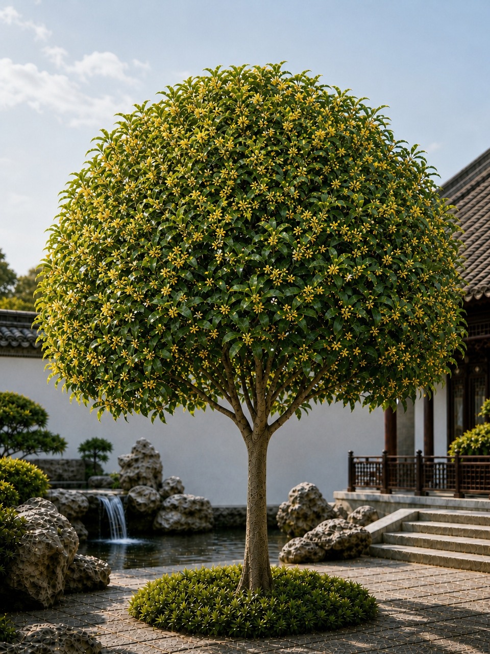 保留桂花树整体形态和中式园林背景不变，让桂花花朵更加真实自然：… - 图片创意预览