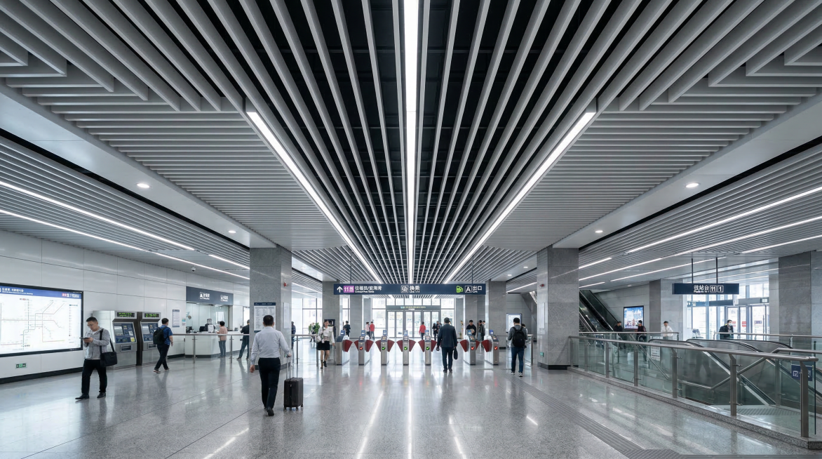 写实风格现代地铁站站厅，大空间公共区域，天花吊顶使用白色铝方通，搭配长条格栅灯和嵌入式筒灯，现代简约高级设计感，铝方通材质细节清晰，专业室内摄影，光影自然，透视比例准确，4K高清摄影大片质感预览效果