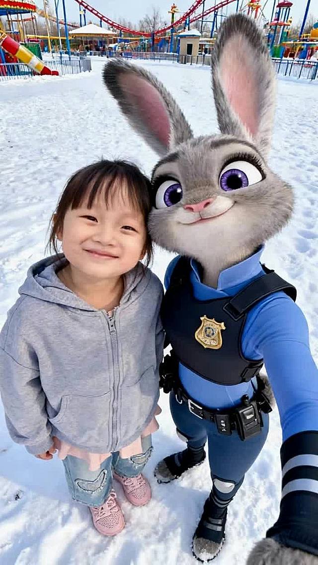 背景为下雪的游乐园，人物面对镜头。