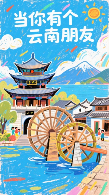 以儿童画的风格绘制手绘动画、活泼、有趣，云南旅游场景，苍山洱海，丽江古城2个水车，大理古城地标建筑五华楼，丰富的画面细节,氛围充满活力、欢快、热烈。超清，不对称构图。，颜料涂抹有肌理感，手绘，夸张的形预览效果