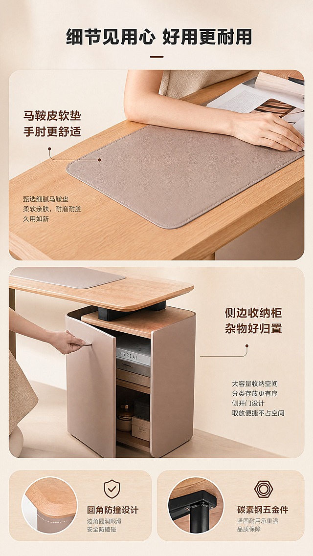 [商品] 使用【图1】DZ-8809书桌；保留桌面马鞍皮软垫、右侧收纳柜体、五金细节等结构与材质；做功能细节特写，不改变产品整体造型。
[画面] 目标：功能细节页，演示桌面软垫与收纳功能。上下分栏构图，上半部分为桌面马鞍皮软垫区特写（手臂搭在软垫上），下半部分为右侧收纳柜体开合特写（手拉开柜体展示内部空间）。各占画面约45%，背景为浅米色哑光，突出功能演示。
[视觉] 套系策略：风格=现代原木风高级家居商业摄影；标题字=现代无衬线粗体；正文字=简洁无衬线体；主色=原木暖棕+浅奶茶色；背景延展=基于原木暖棕与浅奶茶做深浅层级、同色渐变和细腻木纹/哑光质感；强调色=深胡桃木色，仅用于小面积图标、引线和标签；标题色=深炭灰；正文色=中暖灰；组件=圆角浅底信息卡、细线引线、木质纹理点缀；光影=左前侧暖柔自然光，柔和阴影。
[文字] 顶部主标题「细节见用心 好用更耐用」；上半区配文「马鞍皮软垫 手肘更舒适」；下半区配文「侧边收纳柜 杂物好归置」；底部补充2个小卖点：「圆角防撞设计」「碳素钢五金件」；全部文字横排。
[规格] 图片比例9:16竖版，4K，避免变形、错字、文字过小、冷蓝背景、功能虚构、极限词。