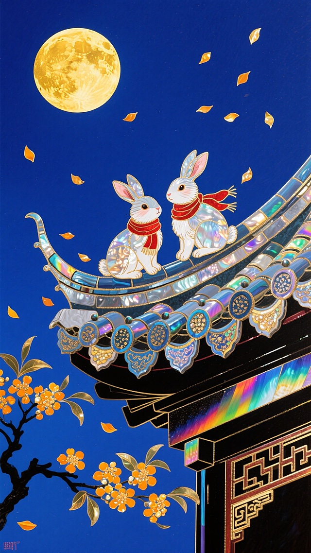 中式古典插画风，工笔细腻，拟人兔儿戴红围巾坐于琉璃飞檐，鎏金月色下桂枝飘香，梦幻唯美，尽显中秋浪漫温馨。