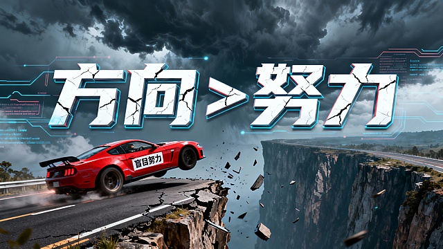 [image-超现实主义的赛车场景。一条断裂的高速公路，尽头是万丈深渊。一辆红色的赛车（贴着“盲目努力”标签）正开足马力冲出断崖，在空中解体。背景是暴风雨的天空。画面正中悬浮着带有裂纹效果的醒目立体大字“方向＞努力”，视觉张力极强，警示考生停下来思考]