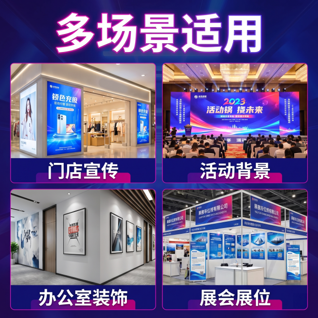[主图 4] 室内背胶海报多场景应用展示图，整体风格保持与主图1一致的蓝紫电商风。
[氛围风格] 拼多多风格 直白高性价比 电子商务风
[画质] 商业广告质感、光线通透、文字清晰锐利、画面干净高级
[预览效果