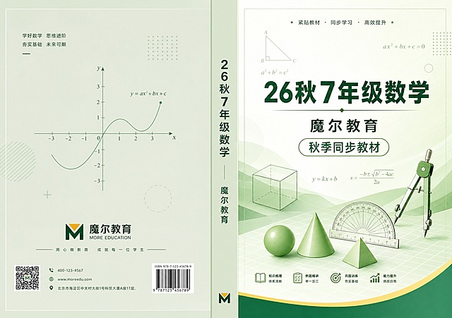 初中数学教材封面封底展开设计，横版A3尺寸420x297mm，左右展开式布局。整体浅色调，明亮清爽。左侧为封底，浅灰绿色背景，底部有魔尔教育logo和MORE EDUCATION小字，上方有坐标系和函数曲线简约图案装饰。中间为书脊区域，竖排写26秋7年级数学和魔尔教育。右侧为封面，浅绿白渐变背景，中央偏上用大号深绿色粗体字写主标题26秋7年级数学，下方写魔尔教育，再下方写秋季同步教材。周围有几何图形、代数公式、网格线等初中数学元素点缀，整体理性专业又明亮。版式精美，四周留安全边距。画面中所有信息区域必须填充完整合理的内容。