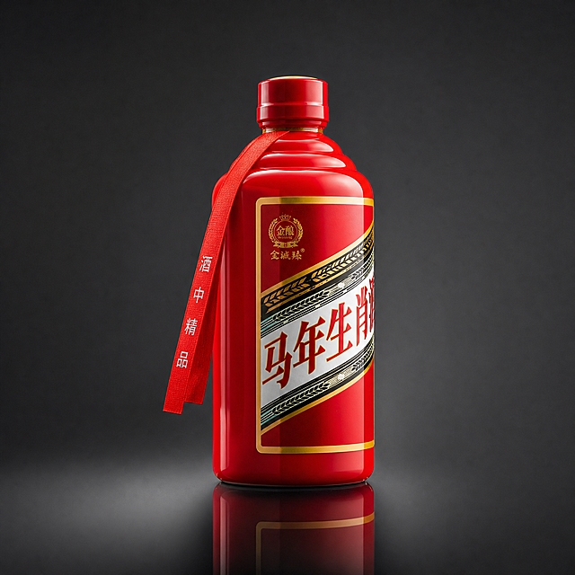 [主图-3] 主题：酒瓶45度侧视角 简约深灰背景 突出立体感。
[统一基调] 简约高级 背景纯净 产品为视觉核心 红金配色 文字精简 重点突出。
[画面] 马年生肖酱酒红色酒瓶呈45度侧角摆放 正面与侧面同时可见 居中放置 占画面约65% 红丝带自然垂在一侧 背景为深灰色渐变 上深下浅 极简有层次 底部有镜面倒影 增加高级感 无任何多余道具 纯产品展示 突出立体感与质感。
[光影质感] 高端商业摄影质感 侧前方主光 瓶身有明显高光带 红色漆面反光细腻 立体感强 倒影清晰柔和 整体高级有质感。
[配色] 深灰渐变背景 产品红金亮色 对比强烈 视觉焦点集中在产品上。
[文字版式] 无文字 纯产品展示 极致简约 让产品自己说话。
[输出要求] 1:1比例 2048px 产品清晰立体 背景简约高级 禁止杂乱 水印 错字 变形。