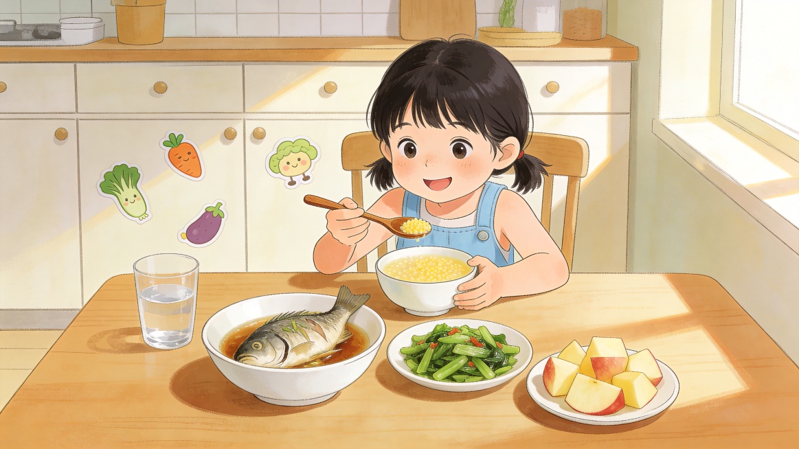 儿童健康饮食习惯主题手绘插画，展示孩子享用清淡健康餐食的场景，体现少吃油炸食品少喝含糖饮料的健康观念，手绘插画风格，温馨活泼，画面无任何文字预览效果