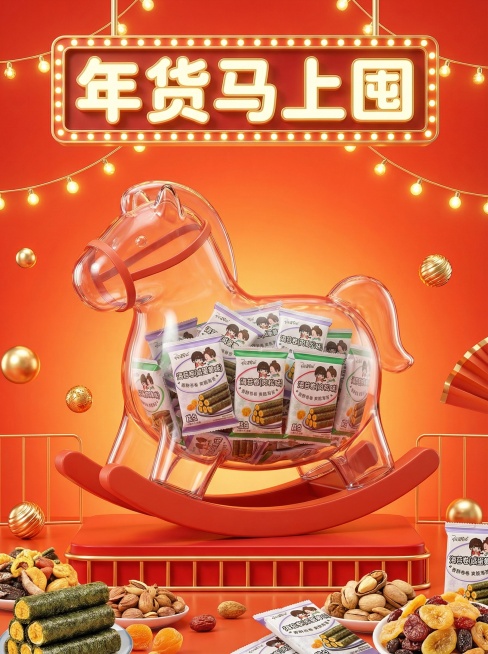 年货节主题海报，主体是一个胖胖的透明的 “摇摇马” 容器，里面被多个图中主体填满，背景是红橙渐变的明亮橙红调，搭配灯带、金色装饰球，底部是红色展台，展台旁是散落的各种零食，营造出热闹的年货促销感。海报预览效果