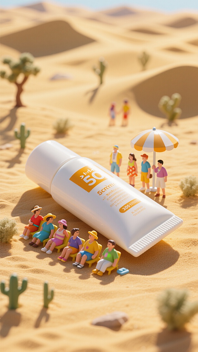 沙漠，一个大型的防晒霜倒下形成一片阴影，游客排排靠坐在防晒霜边遮阳