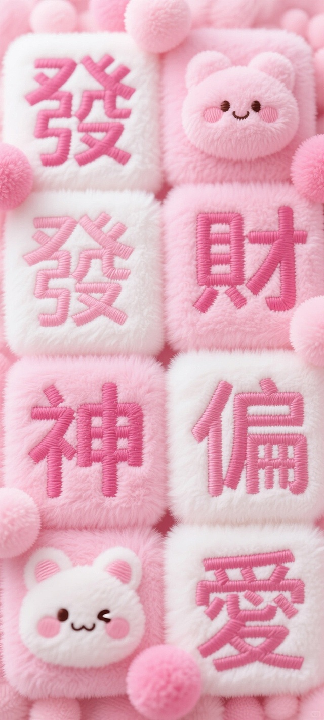 画面中是大量粉色系的毛绒方块，上面绣有 “發”“財”“神”“偏”“愛” 等字样，字体圆润可爱，颜色以粉色和白色为主，还点缀着一些粉色的毛绒球。