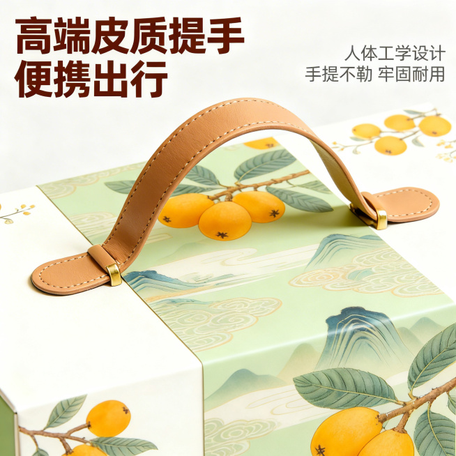 [主图 3] 高端便携提手细节特写，田园治愈风，突出产品工艺。[氛围/风格] 细腻质感，自然暖光，特写氛围感。[画面元素] 对原图枇杷礼盒的棕色皮质便携提手进行特写放大，展示缝线工整、金属卡扣牢固的细预览效果