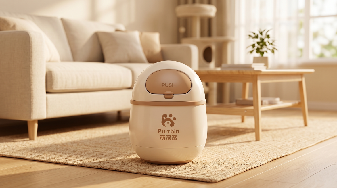 分镜2，镜头定格在Purrbin萌滚滚宠物垃圾桶正面，品牌Logo"Purrbin萌滚滚"清晰显示在桶身，奶杏色垃圾桶关闭状态，放在温馨客厅环境中，保持暖色调产品宣传风格预览效果